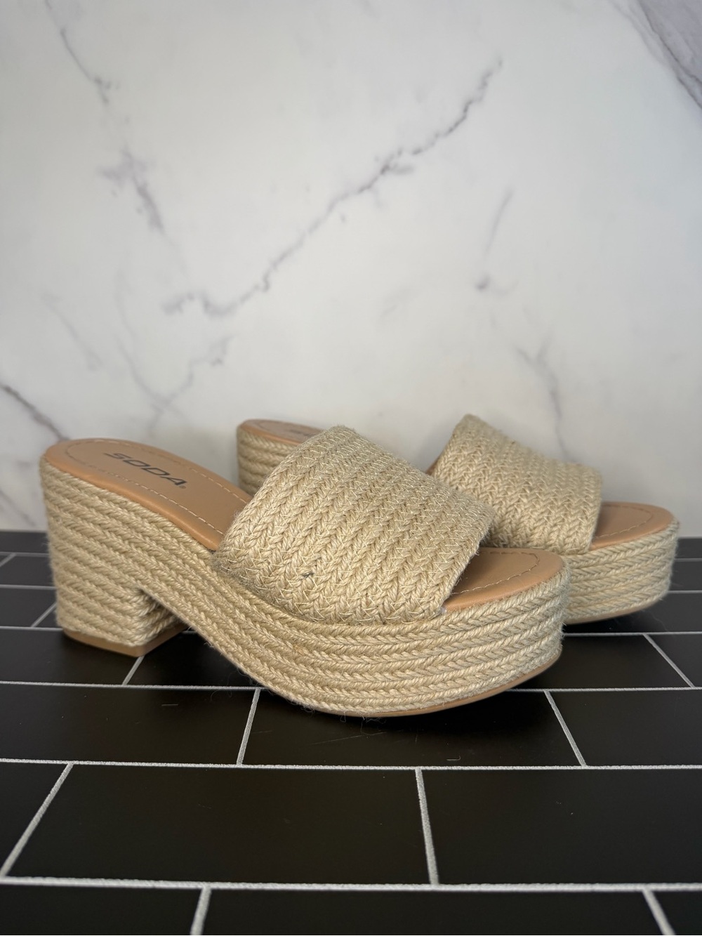 Soda Natural Beige Woven Platform Wedge Slides